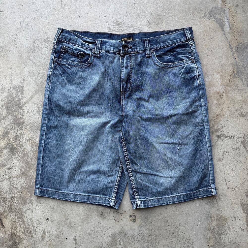 Y2K Helix Embroidered Denim Jorts Baggy Skate Shorts Size 38